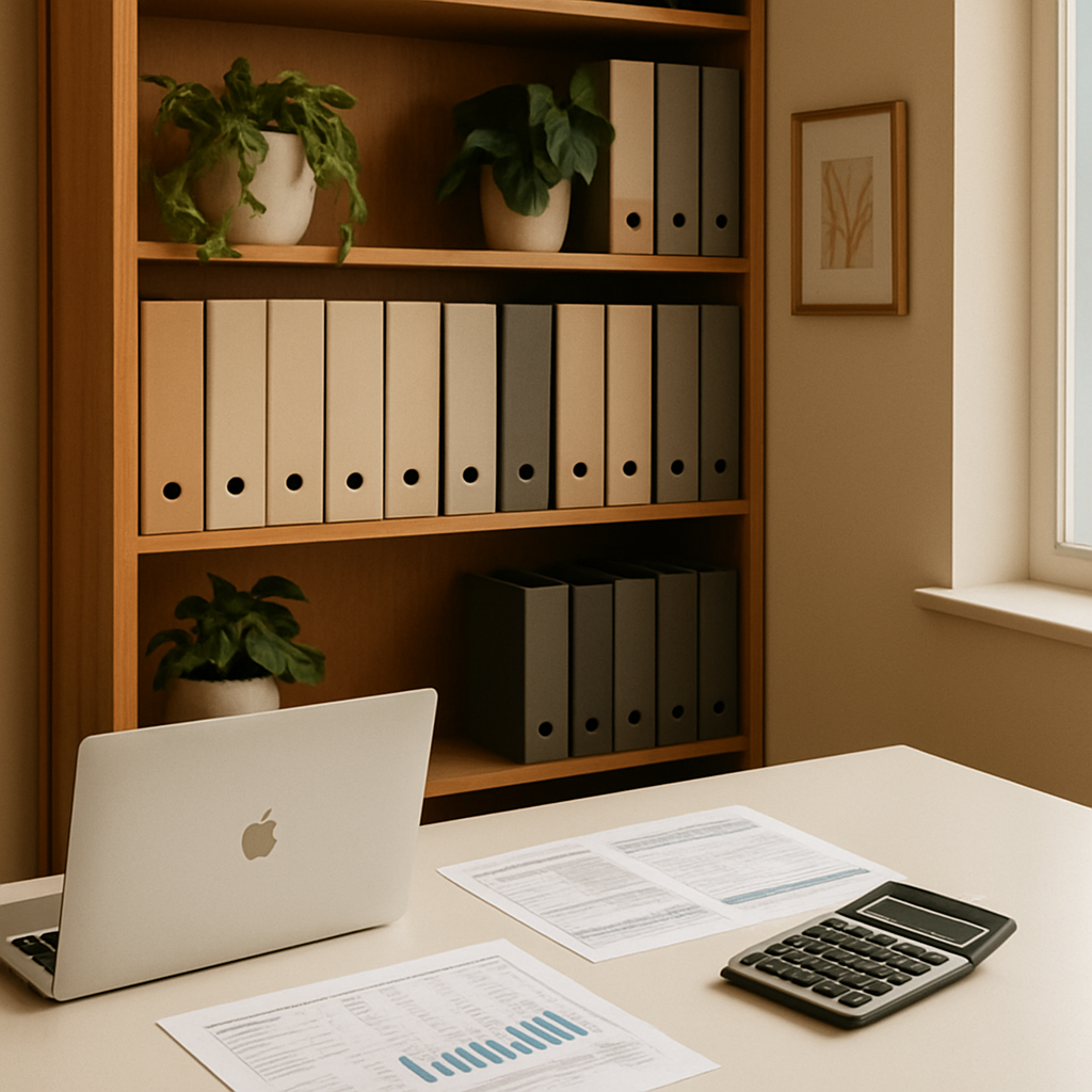 Organised bookkeeping workspace with financial reports and a laptop