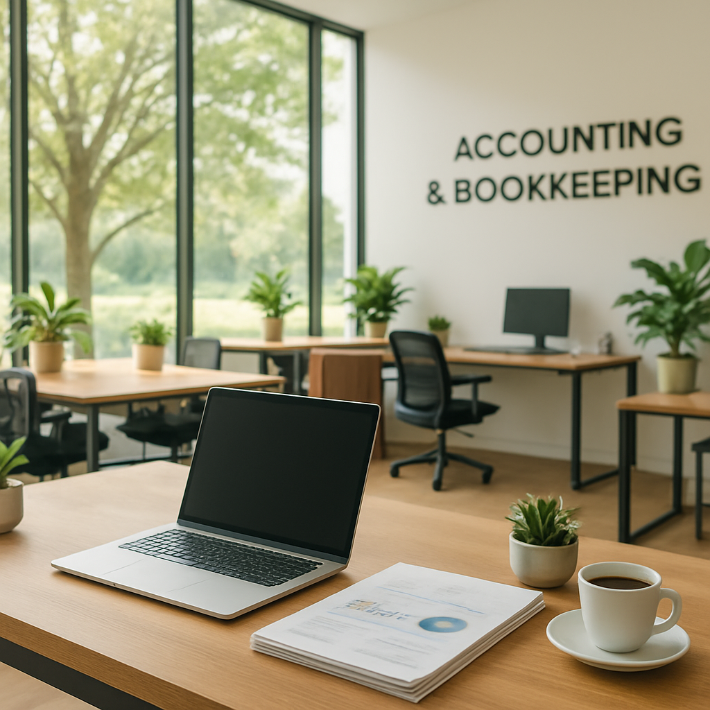 Modern accounting office with lush indoor plants and natural light