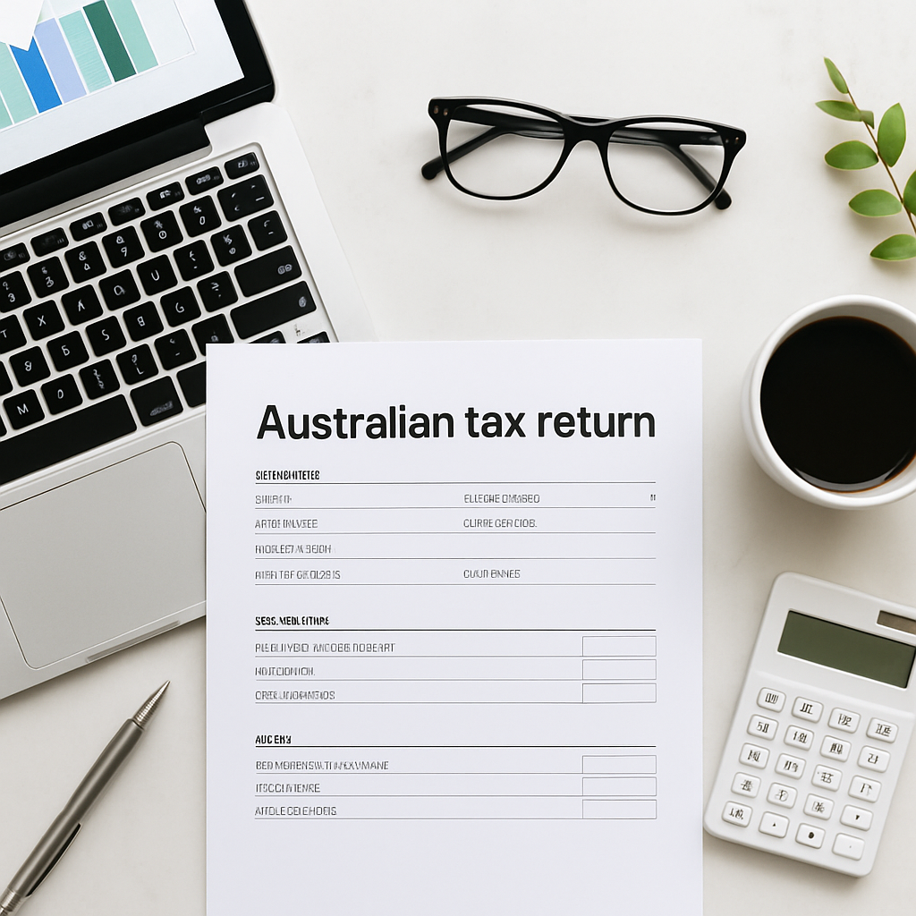 Australian tax return documents and financial charts on a professional desk